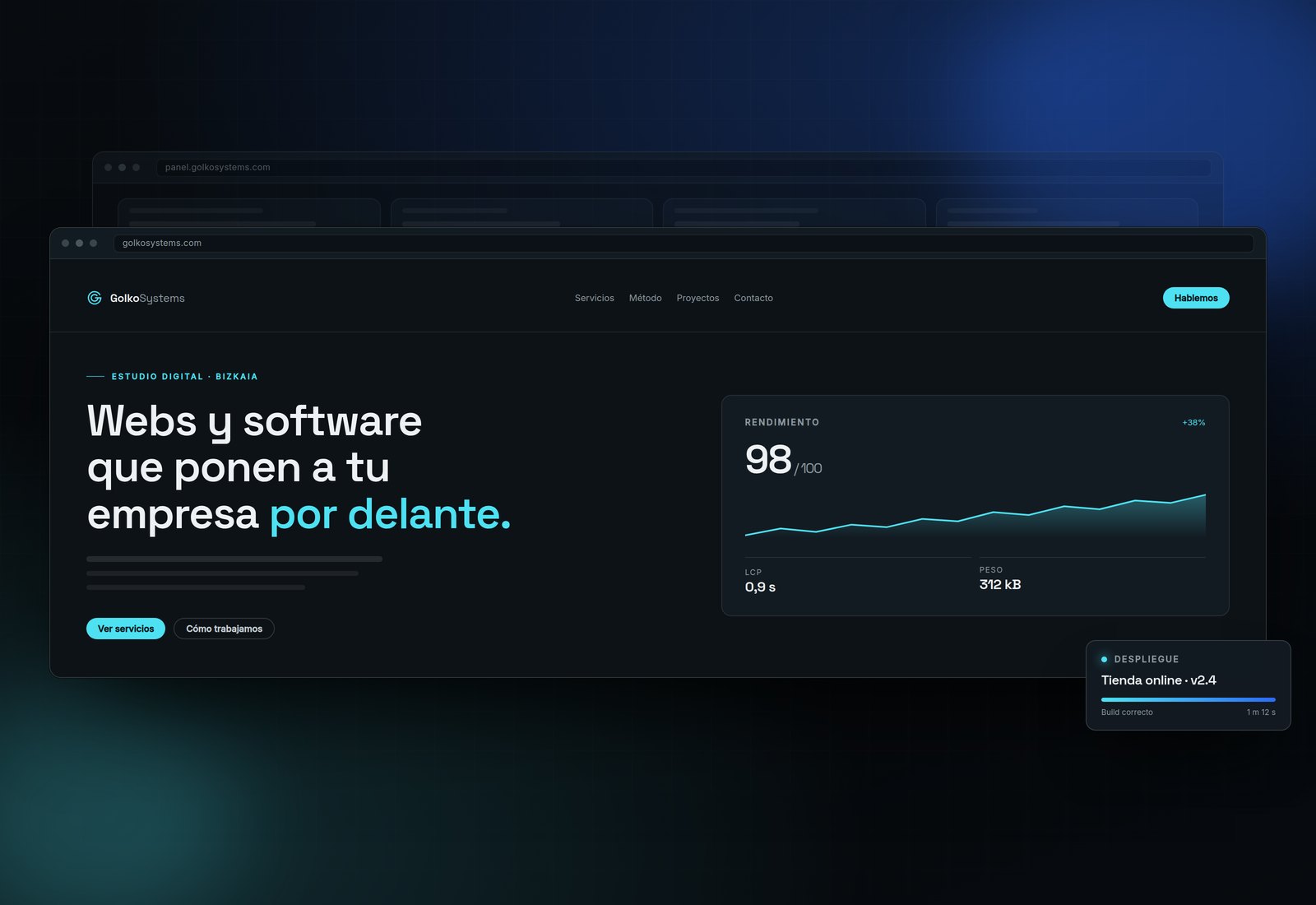 Navegador con la portada de GolkoSystems junto a un panel de rendimiento con 98 sobre 100