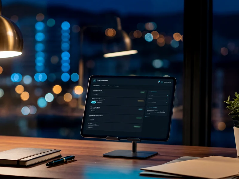 Tablet on the studio desk showing the Golko Advisors client area