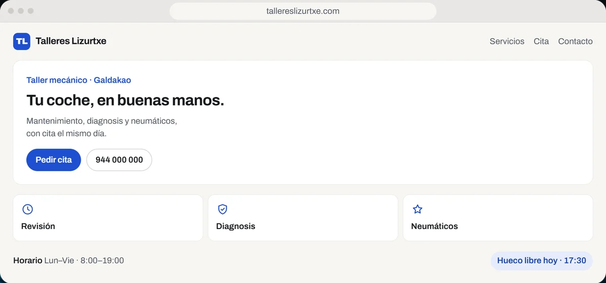Web de ejemplo de Talleres Lizurtxe, un taller mecánico de Galdakao: titular «Tu coche, en buenas manos.», botón para pedir cita y servicios de revisión, diagnosis y neumáticos.